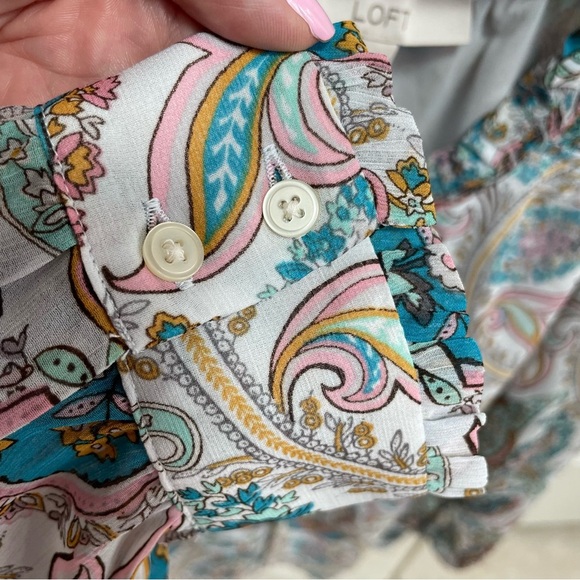 Loft Long Sleeve Blue White Pink Paisley Tie Neck Ruffle Boho Lined Blouse Top - Picture 4 of 10